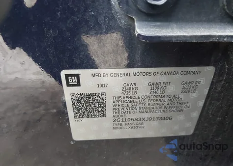 2018 Chevrolet Impala 1Lt из США, поврежденный, VIN 2G1105S3XJ9133406